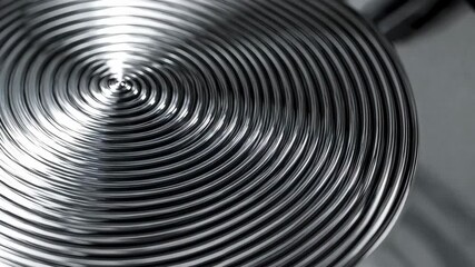 Closeup spinning metallic disc with concentric circular grooves in hypnotic motion, industrial engineering texture loop in shiny monochrome style - Powered by Adobe