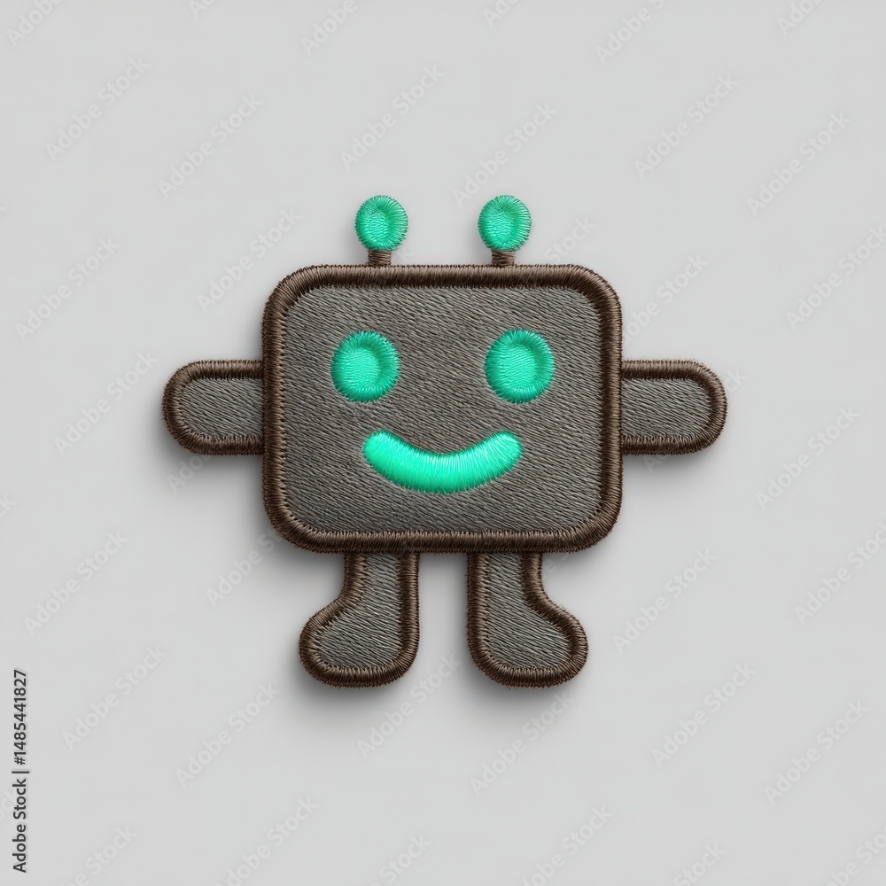 Poster cheerful friendly robot icon with smiling expression and vibrant features in playful design showcasi