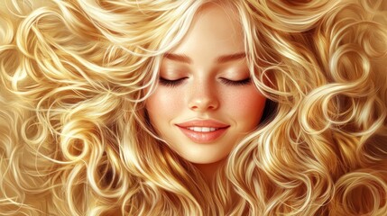 Naklejka premium Joyful Spring Girl with Stunning Curly Blonde Locks at Hair Salon, Embracing Fun and Beauty in a Trendy Hair Transformation