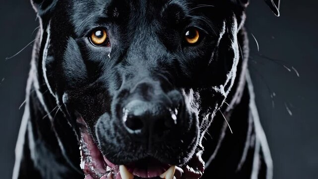 Aggressive black dog snarling with exposed teeth in dramatic closeup, intense emotional expression of anger, fear or protection in dark studio light