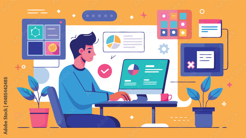 Poster digital workspace illustration featuring a person using a computer while surrounded by colorful grap