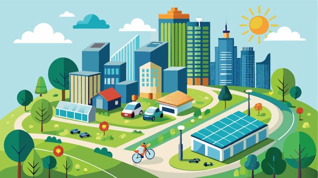 Sustainable urban living illustrated with vibrant vector art showcasing eco-friendly technology and active lifestyles in a green community setting