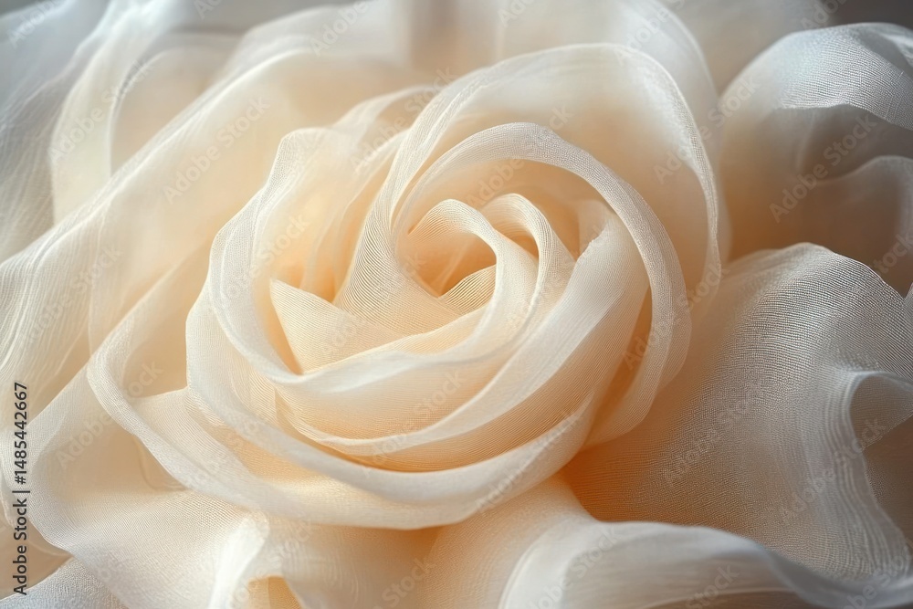 Poster close-up of delicate soft beige fabric arranged in a rose-like pattern with gentle folds and smooth 