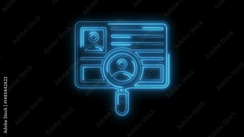 Poster glowing neon identity verification card with magnifying glass for security and access control