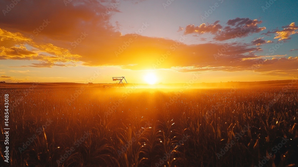 Poster a field of tall grass with a sun setting in the background