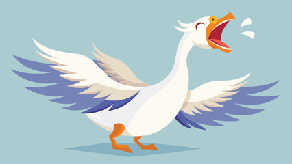 Naklejka premium Colorful vector illustration of a joyful goose spreading its wings and singing on a light blue background, showcasing vibrant artwork and playful design elements