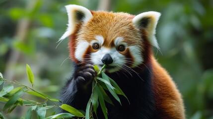 Fototapeta premium Red Panda Eating Leaves in Lush Green Forest