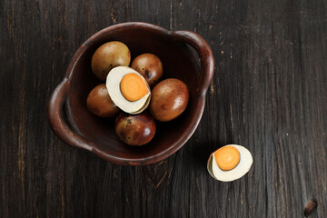 Top View Telur Asin Bakar or Black Smoked Salted Egg