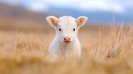 Naklejka premium Cute White Calf in Field