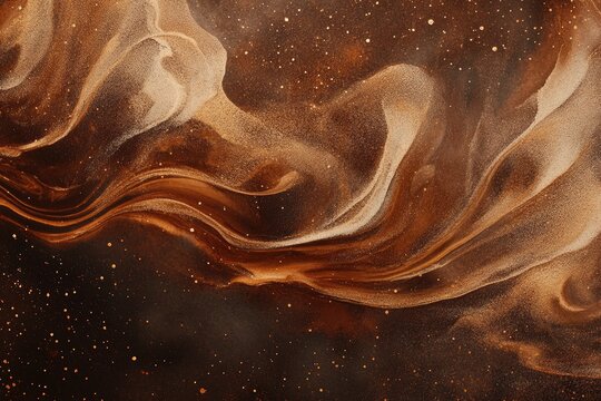 Abstract cosmic swirls of warm tones.  A mesmerizing blend of flowing, ethereal forms in rich browns and beige, scattered with golden specks, creating a captivating celestial impression - Powered by Adobe