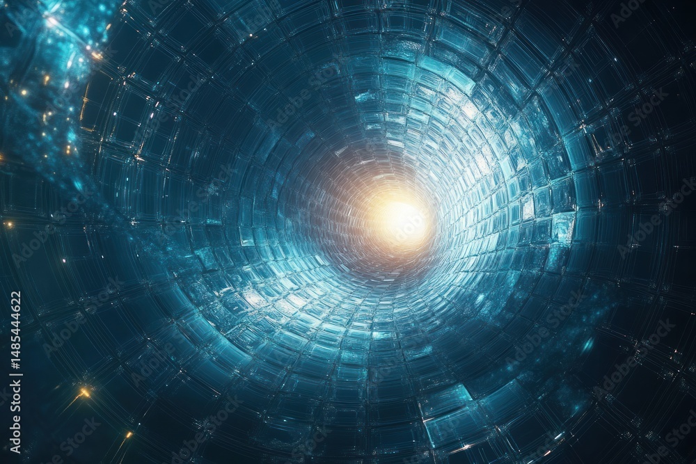 Poster futuristic tunnel with glowing light at the center and a blue metallic grid pattern surrounding it, 