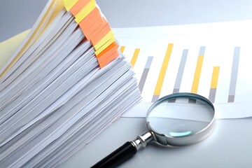 A Stack of Documents with Color Coded Index Tabs Near a Magnifying Glass and Bar Graph