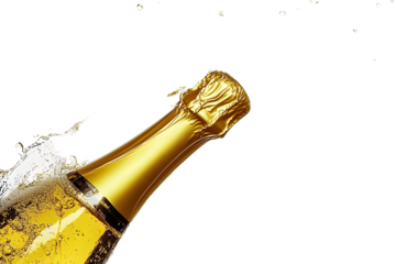 Champagne bottle popping with dramatic splash effect beautifully isolated on a clean white background