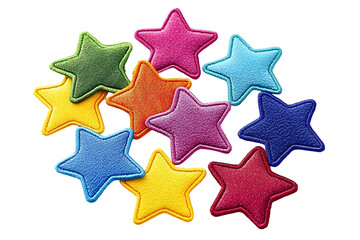 Obraz premium Colorful fabric star patches in a variety of bright colors arranged in a cluster. Ideal for crafts, sewing projects, or decoration.