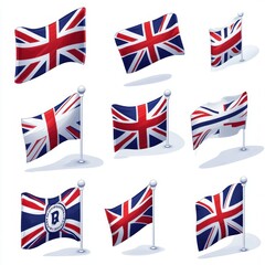Nine different illustrated British flags waving and fluttering with light shadows in various positions