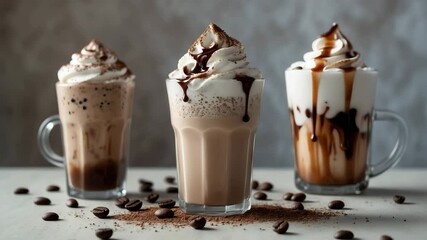 Mocha latte and iced frappe topped with whipped cream and chocolate syrup, sweet and delightful drinks - Powered by Adobe