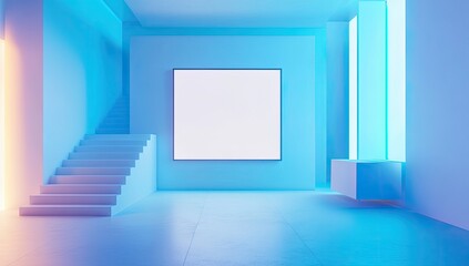 Modern, minimalist interior design with vibrant, pastel colours.  Empty, blank wall gallery featuring a modern staircase, and sleek, cool toned furniture