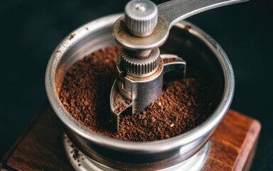  Grinding Freshness Close-Up of Coffee Beans in Manual Grinder with Grounds Falling