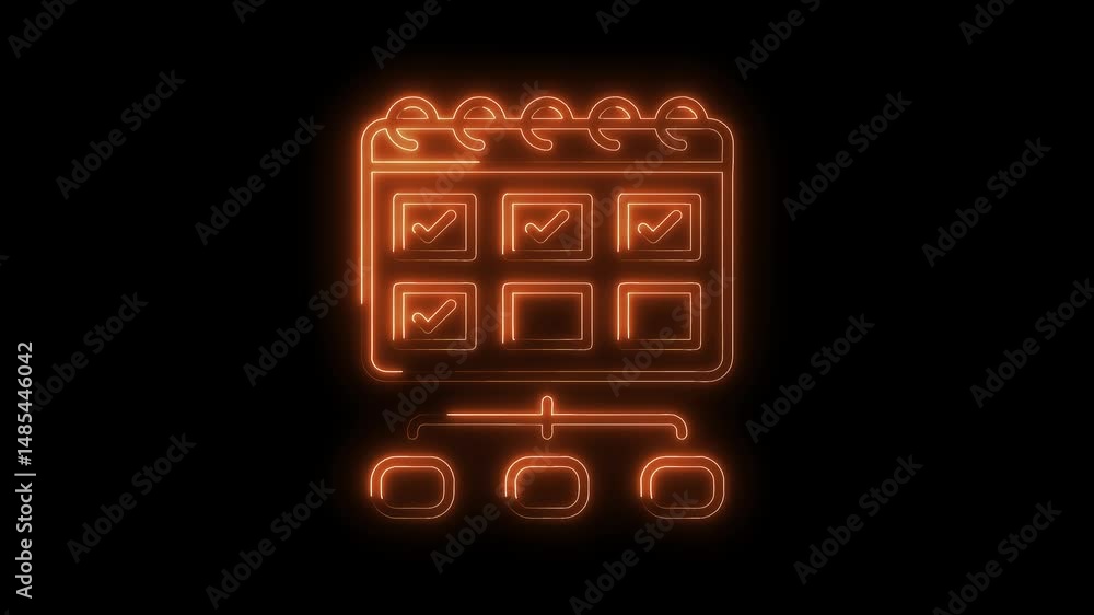 Poster glowing orange neon calendar with task management and project planning hierarchy visualization