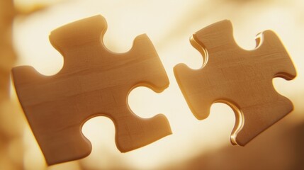 Two wooden puzzle pieces are shown in the air, with one piece missing