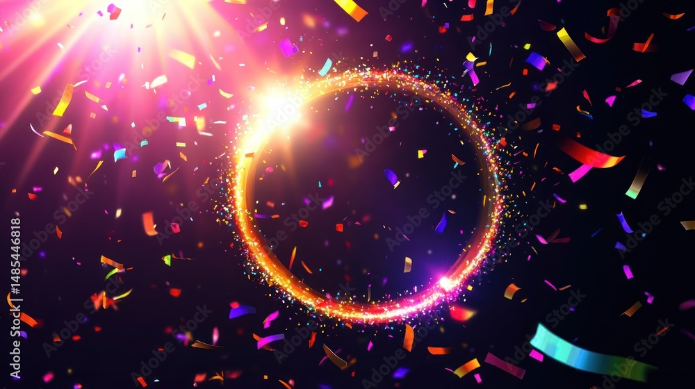 Poster radiant confetti explosion with an illuminated circle on dark backdrop