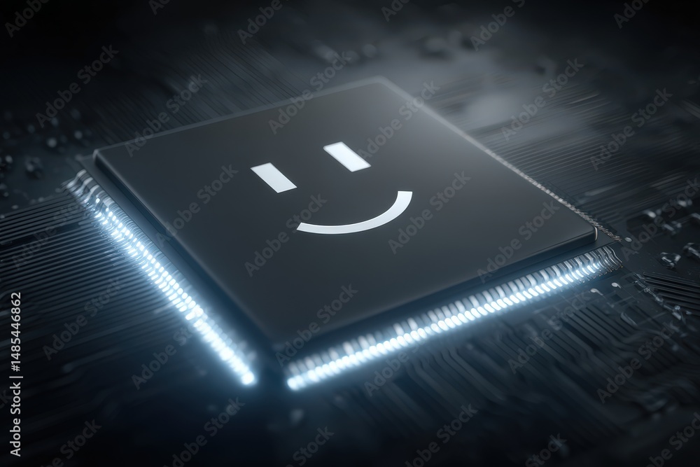 Poster innovative microchip design featuring a smiley face symbol on a dark circuit board backdrop highligh