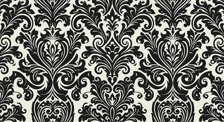 Elegant Damask Pattern Black and Cream Vintage Floral Design, Seamless Texture for Fabric, Wallpaper, and More