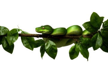 Green snake resting on a branch surrounded by lush leaves