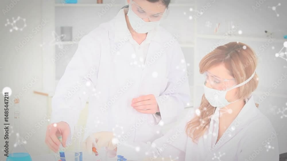 Poster two lab scientists handling chemicals at lab bench, featuring science molecular graphics overlays