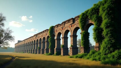 Obraz premium Ancient roman aqueduct structure covered in vegetation across a grassy field