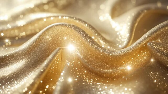 Luxurious and elegant abstract gold texture with a shimmering glitter layer on a sparkling, golden background.