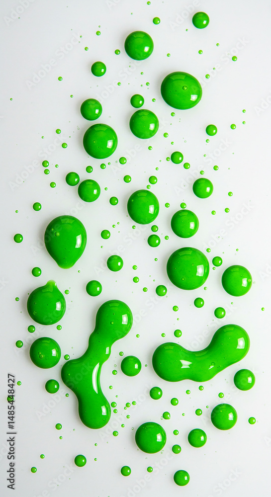 Poster green paint drops and splashes on white surface. abstract background with liquid blobs.
