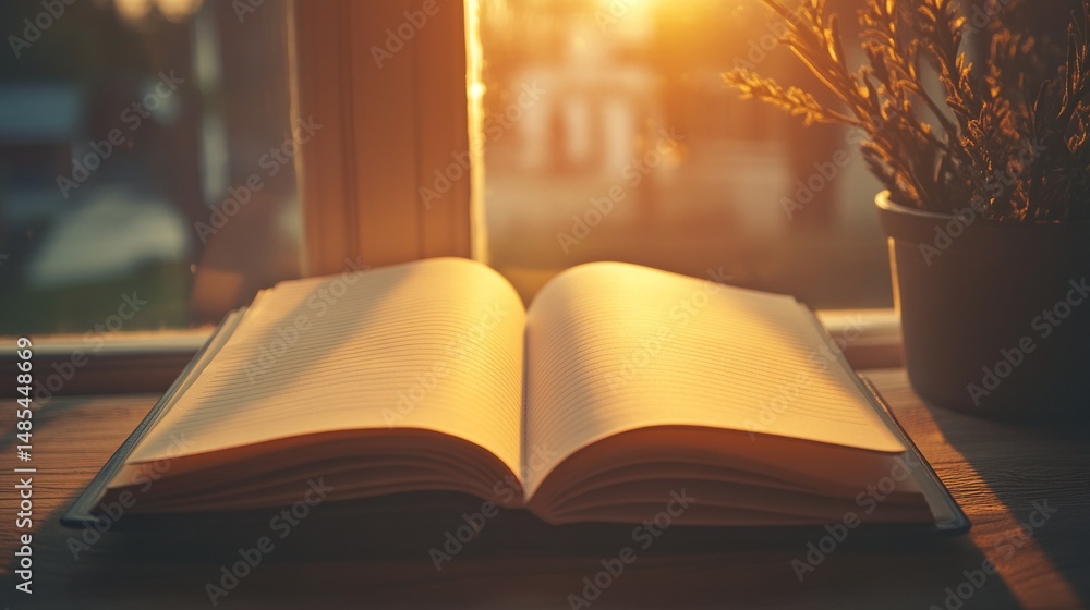 Poster a book is open on a table with a window behind it