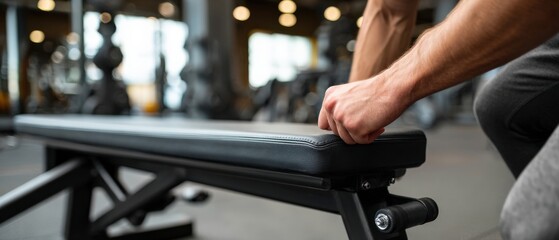 Muscular Caucasian man preparing for workout on weight bench in modern gym Concept of fitness, exercise, strength training, and healthy lifestyle