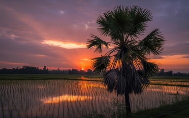 Obraz premium Glorious Sunrise Over Flooded Rice Paddy with Silhouetted Palm Tree