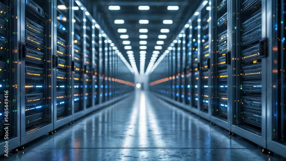 Poster image of a working data center featuring rows of rack servers, with blinking led lights and operatio