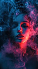 Ethereal beauty: portrait of a woman immersed in vibrant, colorful smoke