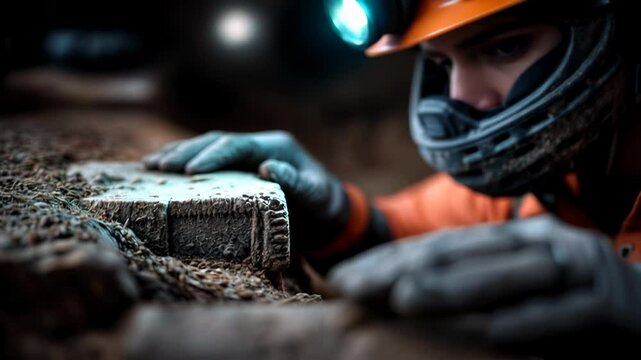 Worker carefully examines wood structure in dimly lit environment wearing safety gear and headlamp