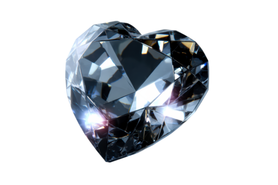 Heart shaped diamond with sparkling facets on transparent background