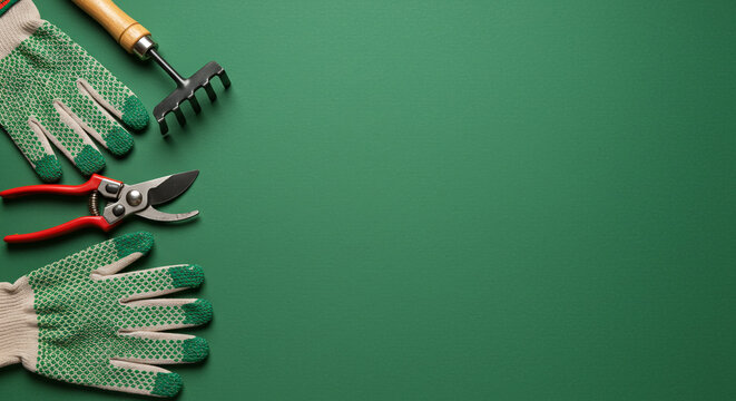 green background with empty space for text on the theme of gardening decorated with gloves, rake and garden shears