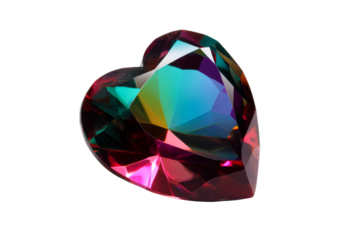 A vibrant heart shaped crystal displays an array of colors