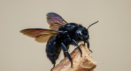 Carpenter Bee Resting on Wood Branch Macro Photography