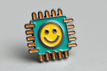 Cheerful enamel pin featuring a smiling face design on a bright turquoise circuit board style background that adds a touch of joy and playfulness to modern accessories