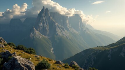 Fototapeta premium Cloudy midday aerial view of Xistral Mountains, highlighting rugged peaks and soft light over the landscape.