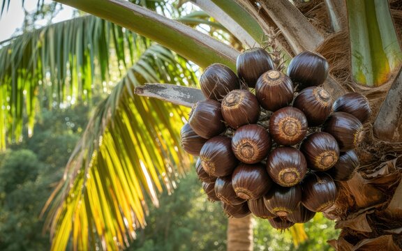 Sun-Kissed Cluster of Ripe Palmyra Palm (Toddy Palm) Fruits on the Tree