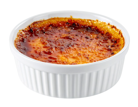 Delicious creme brulee in white ceramic ramekin, featuring caramelized surface, isolated on transparent background