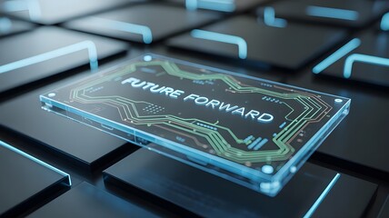 Sleek Holographic Card Displaying "Future Forward" on Keyboard