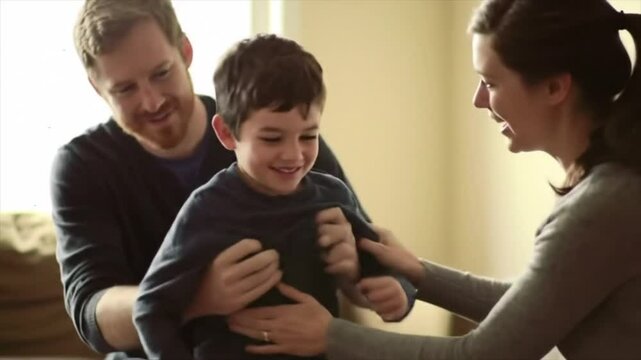 A joyful family enjoys playful interactions in their warm home. The parents engage with their smiling son, creating a memorable bonding experience in a cozy environment