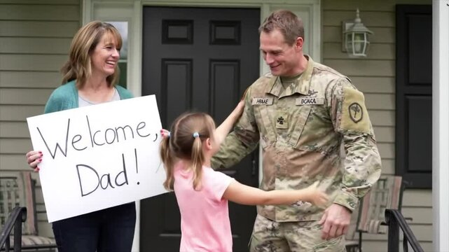 A soldier surprises his family by arriving home after deployment. His wife holds a sign that says Welcome Dad! as their daughter runs to greet him - Powered by Adobe