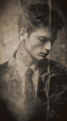 Obraz premium A sepia-toned portrait of a pensive man, with ripped edges.